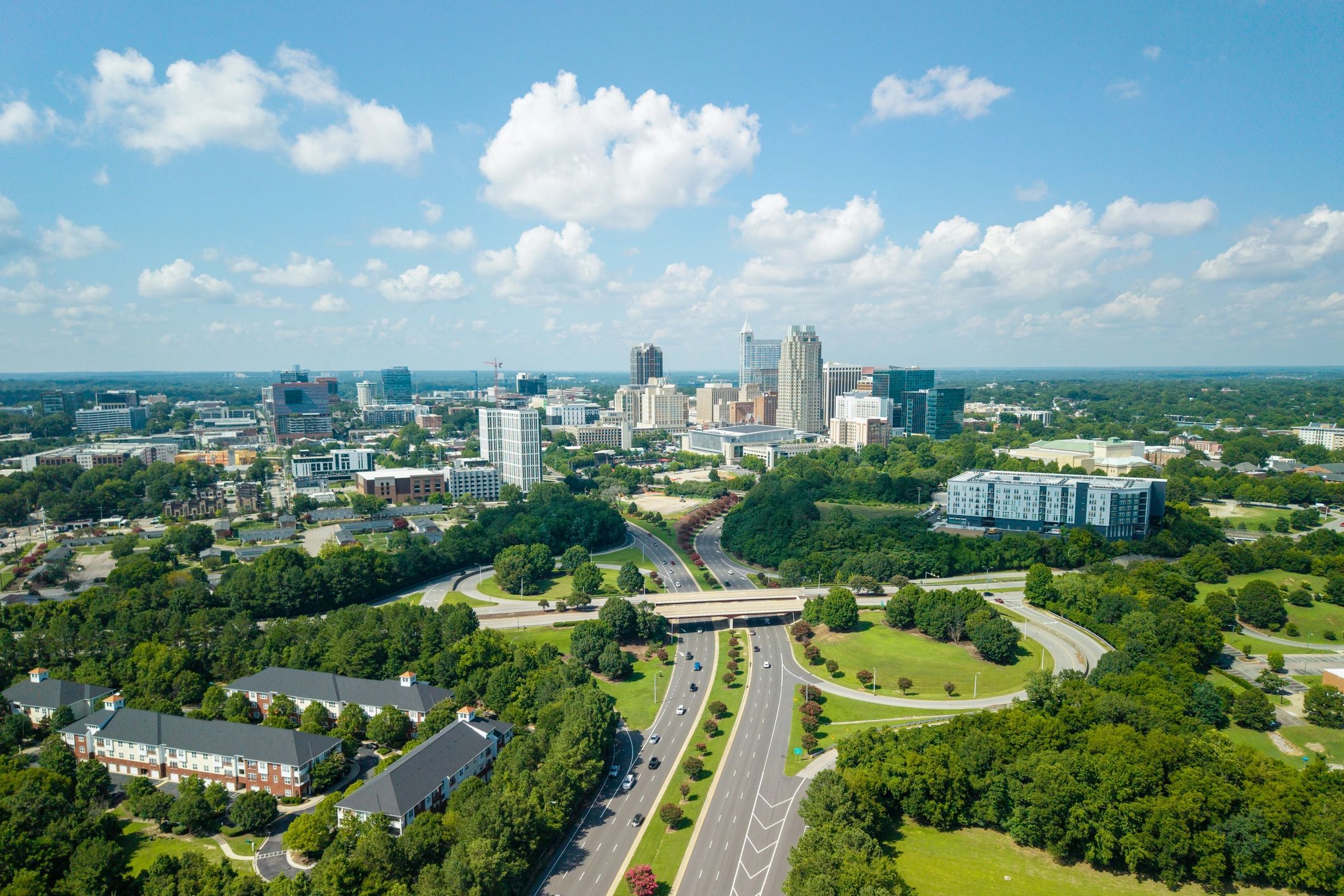 Sunny city skyline and highway view