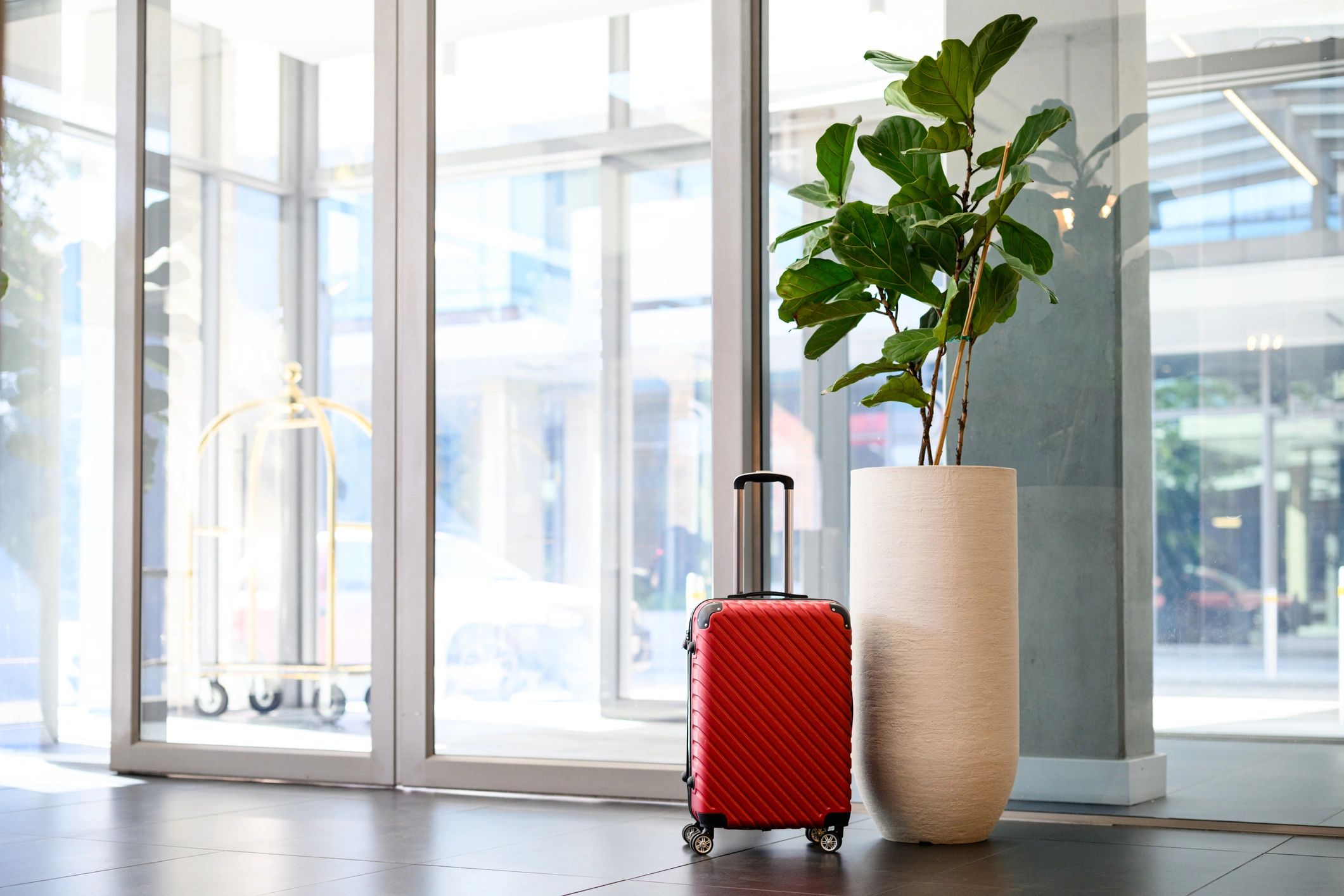 Travel suitcase at hotel entrance